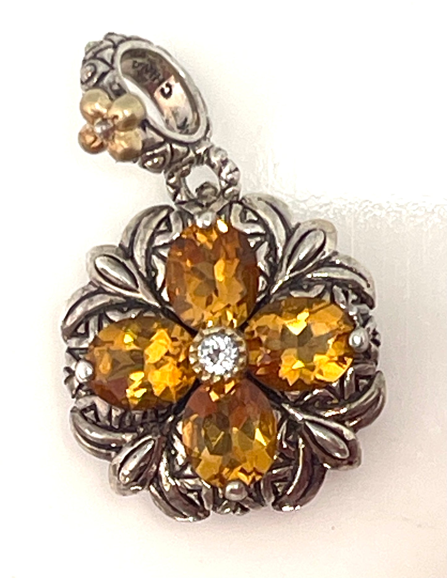 Barbara Bixby Flower Pendant Citrine White Topaz Signed 925 18K