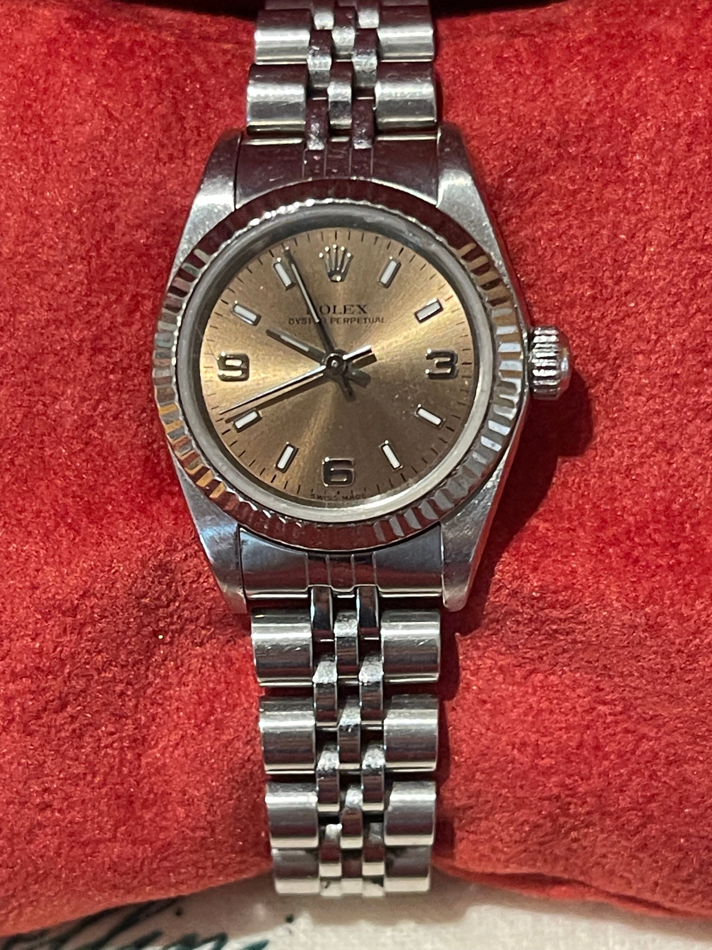 ROLEX OYSTER PERPETUAL Salmon Dial White Flouted Bezel 26mm 76094 Jubilee Band